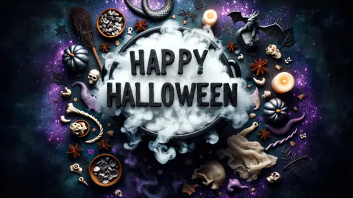 Overhead black cauldron overflowing with white smoke beneath textured black HAPPY HALLOWEEN letters, surrounded by silver pumpkins, candles, decorative skulls, bones, a dragon miniature, broom and purple glitter.