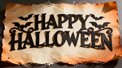 Full-frame macro of a handcrafted black paper-cut reading "HAPPY HALLOWEEN" with bat filigree and floral scrolls, backlit to cast crisp lace shadows onto warm parchment.
