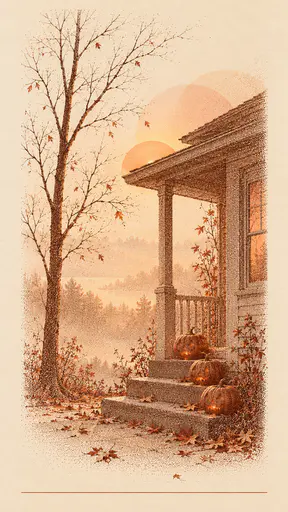 Pumpkin lanterns burn low on the steps of a small porch beside a bare tree at dawn beneath an apricot sun disc in a stippled rust and cream poster print.