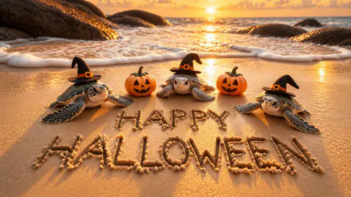 HAPPY HALLOWEEN written in wet sand before three baby sea turtles wearing black witch hats, with two jack-o-lanterns, rocky surf and golden sunset water behind.