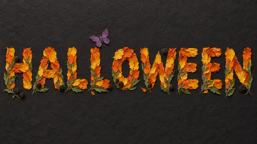 The word HALLOWEEN formed from pressed orange and yellow marigold petals with green leaves curling under each letter and dark seed heads, on charcoal handmade paper with a purple petal butterfly above the fourth letter.