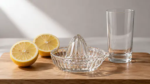 Two halved lemons rest cut side up on a wooden board beside a ridged glass juicer and an empty tall plain glass.