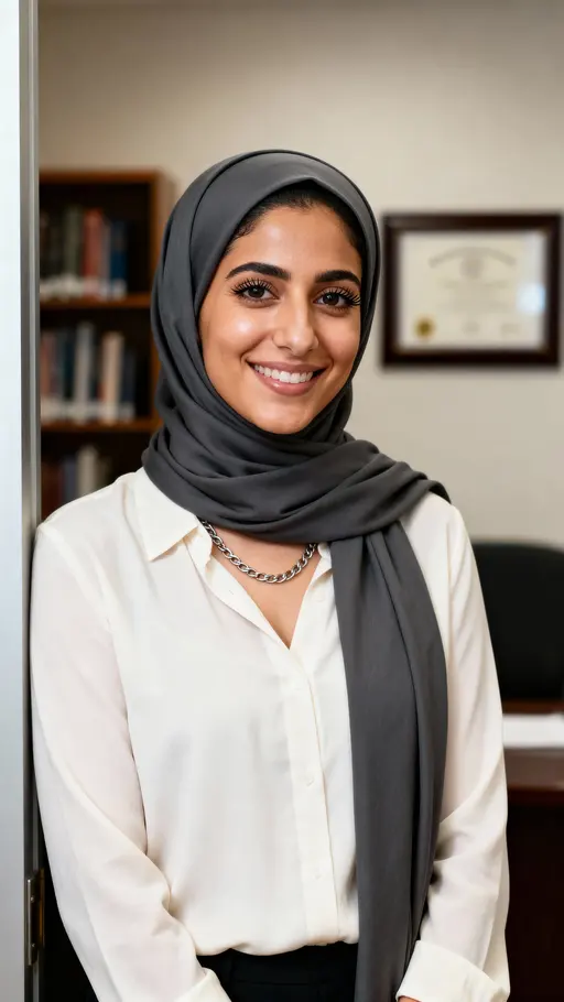 Hanan, an Arab American college counselor, offers a reassuring smile in her office doorway; charcoal hijab over a cream blouse, warm olive skin and gold chain against a minimal blurred-bookshelf backdrop.