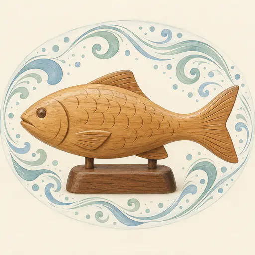 A smooth hand carved wooden fish with plain scale lines rests on a small wooden stand surrounded by a bounded field of swirling ornamental tone in muted greens and blues.