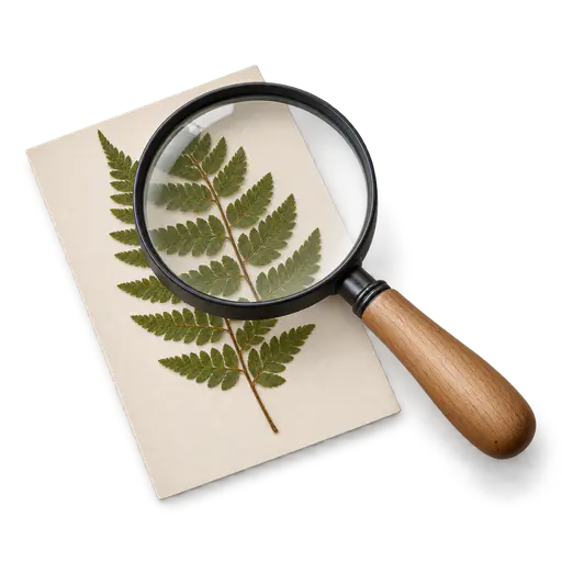 A round hand lens with a black rim and wooden handle held above a pressed green fern leaf on a plain cream card, on a transparent background.