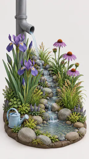 A hand painted miniature rain garden planted with irises, sedge and purple coneflowers receives a thin stream of water from a downpipe into a stone lined swale on a pale seamless studio ground.
