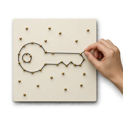 Connecting the dots: a hand drawing dark thread between brass pins on a pale board, the connected pins revealing a key outline, isolated on transparency.