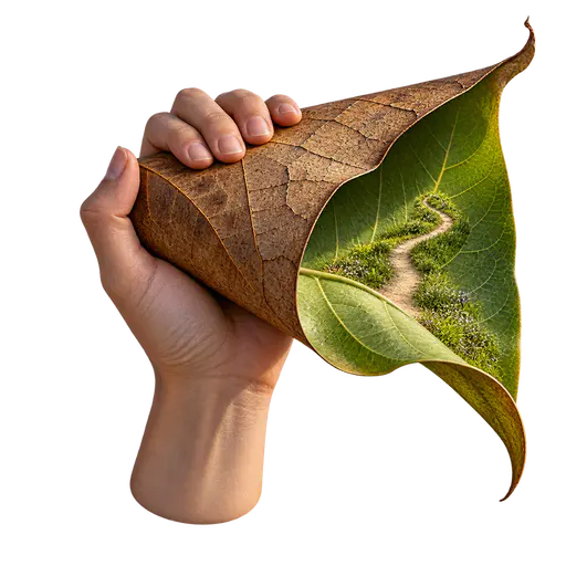 Turning over a new leaf: one adult hand turning an enormous fallen leaf like a page, the exposed upper side dry and cracked brown while the revealed underside is fresh green carrying a tiny footpath forward, isolated on transparency.