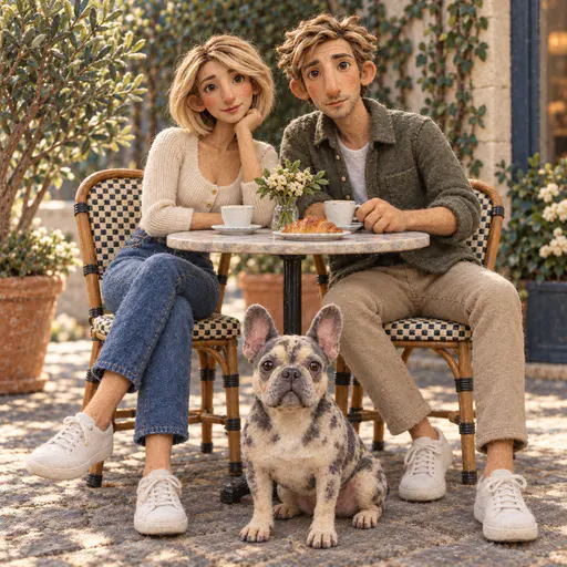 A handmade-looking couple sits at a cafe table with coffee, flowers and a croissant while a French bulldog rests in front.