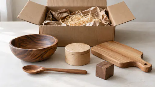 An open cardboard shipping box with kraft paper and wood wool sits behind handmade wooden items lifted out in front, a bowl, a spoon, a small box, a cutting board and a toy block.