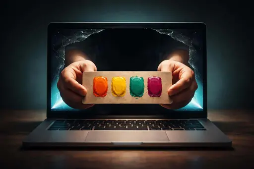 Surreal digital painting of human hands pushing through a laptop screen to hold a color palette, composed for a 3:2 poster-cover with cinematic lighting and texture.