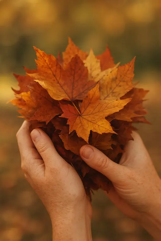 Close-up of two warm-freckled hands cradling a bundle of crisp, multicolored autumn leaves—amber, russet and deep olive—against a soft, sunlit park blur with golden-brown highlights and tactile matte detail.
