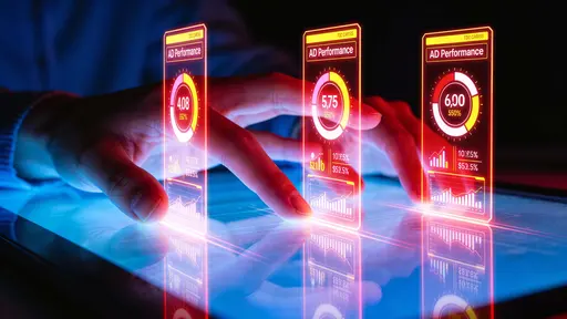In a 16:9 frame, a pair of hands hovers above a sleek glass surface interacting with tall glowing hologram cards of ad metrics amid neon blue, red, and bright-yellow gradients against a near-black background.