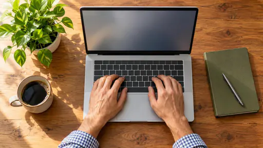 An overhead view of two adult hands typing on a silver laptop at a sunny wooden desk beside a small potted plant, a ceramic coffee mug and a closed notebook in soft morning window light.