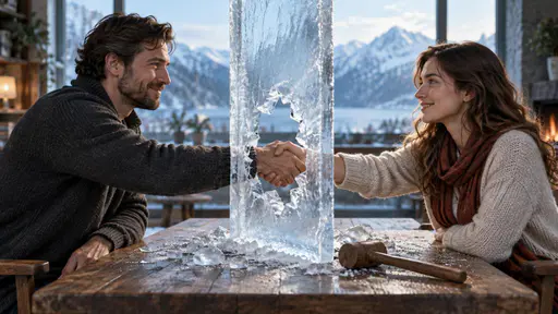 Break the ice: a frontal conceptual editorial scene of two strangers at a small table shaking hands through a fresh jagged break in an upright pane of clear ice between them, frost on the edges, ice shards and a small wooden mallet on the table below, cool daylight with warm light on their faces.