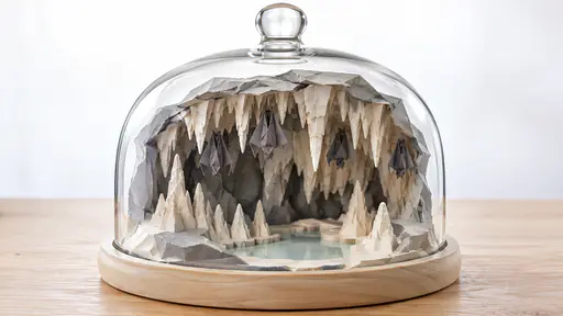 A grey and cream cut paper cave ceiling with hanging paper stalactites, a few small folded paper bats among them and a pale paper pool below sits inside a clear round glass dome on a pale wooden base in bright backlight.