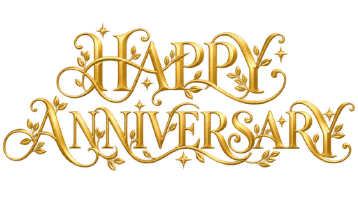 The words HAPPY above ANNIVERSARY in refined gold ornamental monogram capital letters with swashes, small flourishes, leaves and stars, on a transparent background.