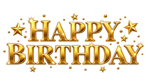 The words HAPPY above BIRTHDAY in embossed shiny gold foil capital letters with a scatter of small gold foil stars and dots around them, on a transparent background.