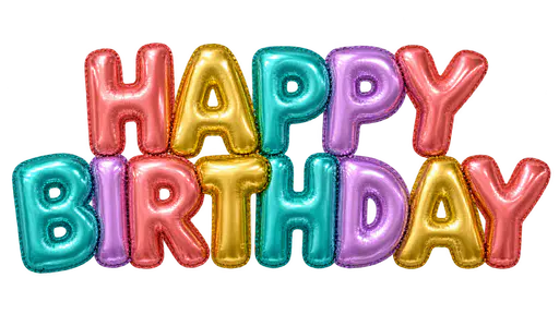 The words HAPPY above BIRTHDAY in shiny foil balloon capital letters in coral, gold, teal and lilac on a transparent background.