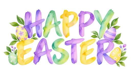 The words HAPPY above EASTER in loose hand-painted watercolor brush capital letters in lilac, mint and soft yellow with painted pastel eggs and small leaves beside them, on a transparent background.