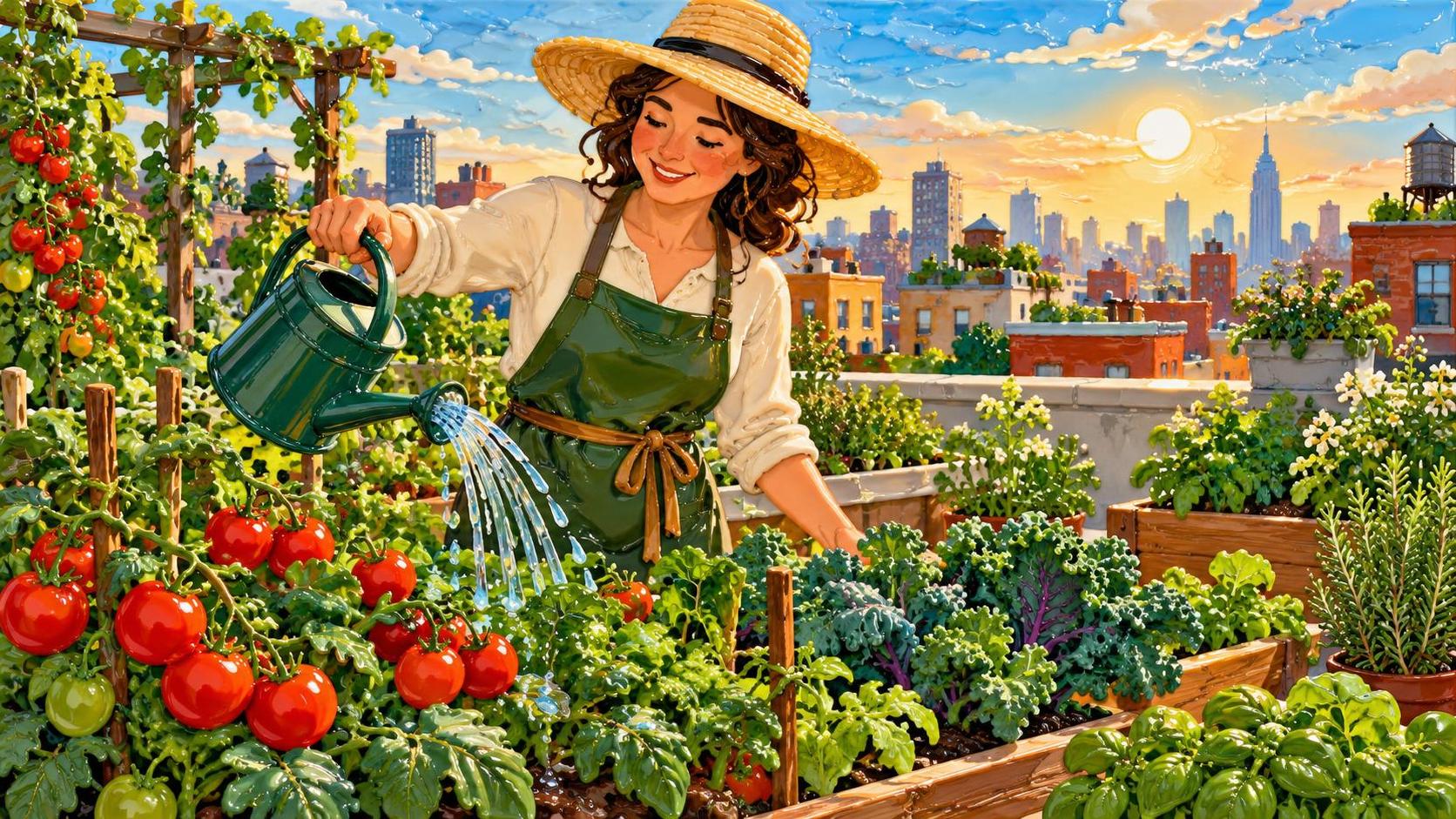 A happy adult gardener in a straw hat and apron tends raised beds of tomatoes, kale and herbs on an urban rooftop farm with a watering can and city rooftops behind.