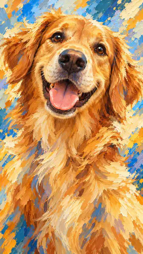 A cheerful golden retriever with a happy open mouth is built from bursts of vibrant paint colour in an abstract artwork.