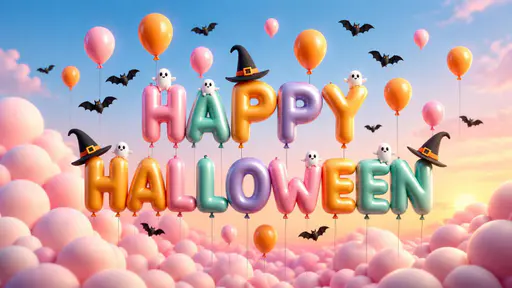 Two rows of glossy pastel foil balloons spell HAPPY HALLOWEEN, with tiny white ghosts, black bats, witch hats and round balloons above pink clouds.