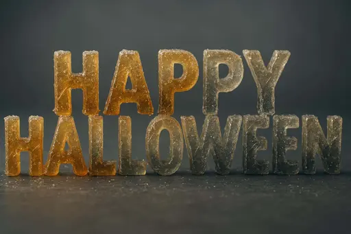 Close-up of "HAPPY HALLOWEEN" cast in translucent candy glass with an amber→ivory→charcoal gradient, sugar crystals, hairline cracks, delicate pulled shards, and a neutral slate backdrop.