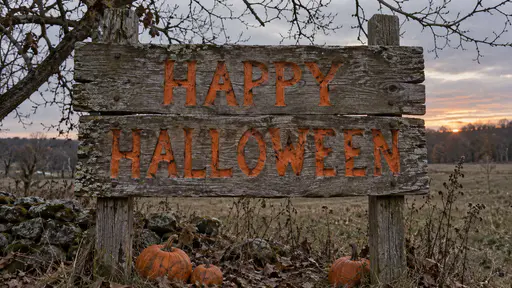 A rustic sign of weathered pine planks on two posts with the words HAPPY above HALLOWEEN carved and painted orange, a stone wall, three small pumpkins and dry leaves at its foot, bare branches above and a field under a sunset sky behind.