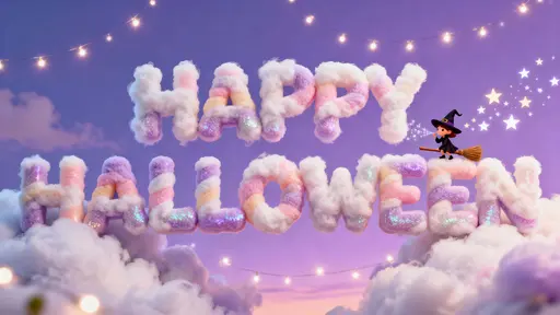 Full-frame 3D photo-quality 'HAPPY HALLOWEEN' formed from fluffy cotton-candy clouds with sugar shimmer as a tiny witchling on a mini broom blows star bubbles across a sky-to-lavender gradient, in pastel tones #FFD1E8 #E6C8FF #A8E7FF #FFF1A