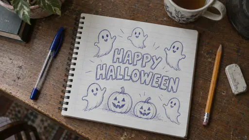 A spiral-bound lined notepad on a wooden desk with the words HAPPY above HALLOWEEN in blue pen bubble letters and doodles of five smiling ghosts and two jack-o-lantern pumpkins, a blue pen, a pencil, an eraser, a mug, a plant and a book around it.