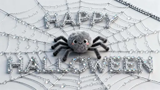 Photo-quality 16:9 close-up of “HAPPY HALLOWEEN” woven from silver micro-filament (#C0C0C0) beaded with dew-blue lenses (#BFE8FF), featuring a pom-pom spider in deep orange (#FF6A00) with black accents, soft macro and card-ready crop.