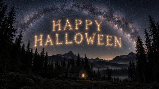 The words HAPPY above HALLOWEEN in glowing pale golden letters hovering in a starry night sky under an arching Milky Way above a dark pine forest, snowy mountains and a thin mist, with a small stone cottage with one lit window at the lower centre.