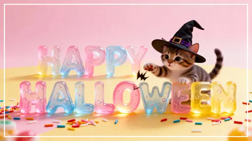 Full-frame 16:9 scene of translucent gummy-glass "HAPPY HALLOWEEN" with a pastel gradient (soft rose #FADADD, mint #CFF4E1, lavender #E8D6FF) and micro air bubbles as a kitten witch in a mini hat bats the O amid candy sprinkles against a m​