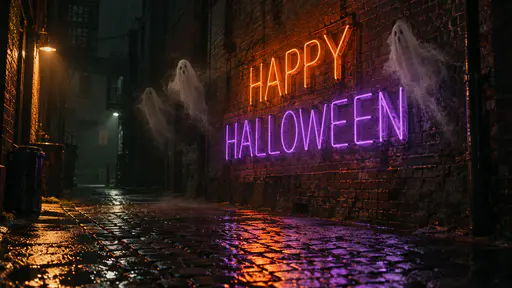 The words HAPPY in orange and HALLOWEEN in violet neon tubing on a dark brick wall in an empty night alley, three translucent white ghosts drifting in the haze, a street lamp at the left and a wet cobbled ground reflecting the colours.