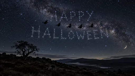 The words HAPPY above HALLOWEEN formed from bright star clusters in a night sky under the Milky Way, five black silhouettes of witches on broomsticks flying across them in a line and a thin crescent moon low at the right above a dark moorland ridge with a lone gnarled tree.