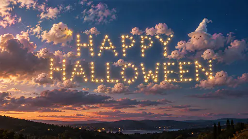 The words HAPPY above HALLOWEEN made of bright golden stars across a deep blue dusk sky, small fluffy cloud creatures with round faces and tiny smiles around the letters, one holding a star and one in a pointed cloud hat, pink and purple clouds, hills and a lake with town lights below.