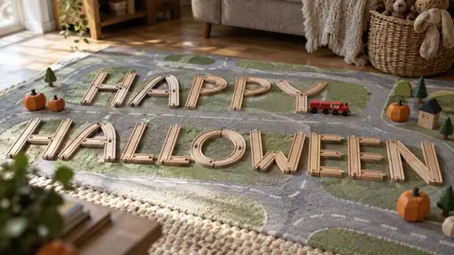 Curved wooden toy railway track pieces laid in the capital letters HAPPY above HALLOWEEN on a green and grey printed play mat in a sunlit living room, a small red wooden train at the end of the first line and wooden pumpkins, trees and a house toy on the mat.