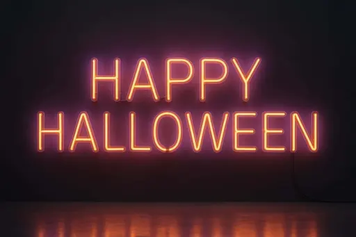 Bent glass neon tubing spells "HAPPY HALLOWEEN" in a studio scene with warm orange core, violet halo, slight flicker at joints, and a brushed-black wall backdrop.