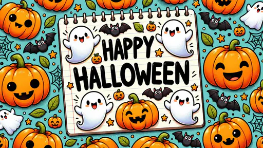 A tilted spiral notepad bears HAPPY HALLOWEEN in black marker, surrounded by smiling white ghosts, orange pumpkins, bats, stars, green leaves and cobwebs on teal.