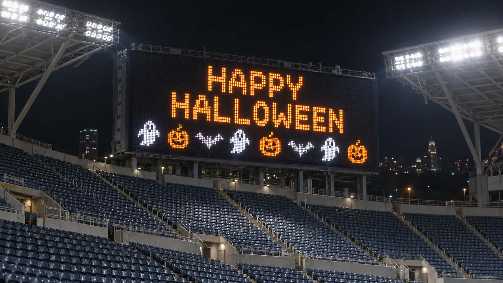 A stadium scoreboard seen at night from the stands with the words HAPPY above HALLOWEEN in blocky orange dot-matrix pixel capitals and a row of small pixel-art ghosts, pumpkins and bats along the bottom of the screen, empty rows of seats below and floodlight towers at either side.