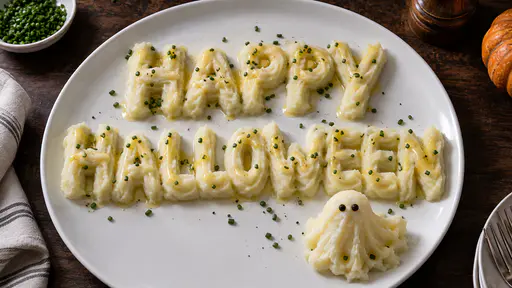 A large white plate seen from above on a dark wooden table with the words HAPPY above HALLOWEEN sculpted in raised glossy mashed potato with melted butter and chopped chives, a small potato ghost with two pepper eyes at the lower right, a bowl of chives and a striped napkin beside it.