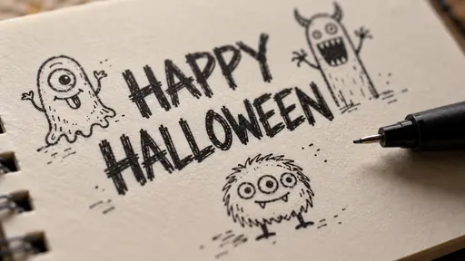 A close view of a cream spiral-bound notepad page with the words HAPPY above HALLOWEEN in black marker capitals, a one-eyed blob monster, a horned toothy monster and a fuzzy three-eyed creature doodled in black pen around them, a black fineliner pen at the right.