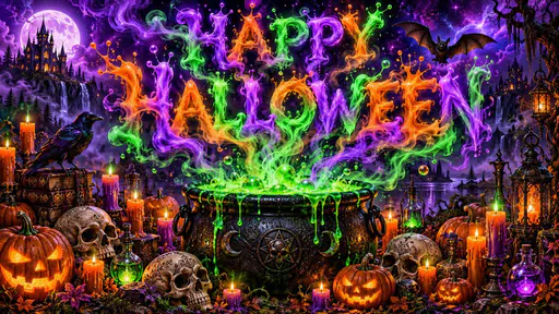 Smoke letters spelling HAPPY HALLOWEEN above a cauldron with skulls, a bat, candles and pumpkins.