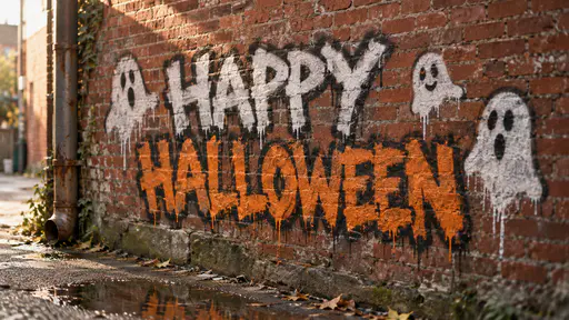 The words HAPPY in white above HALLOWEEN in orange spray-painted in bold graffiti capitals with black outlines and drips on a weathered red brick wall, three painted white ghosts beside the lettering, a rusty drainpipe at the left and a puddle on the ground below.