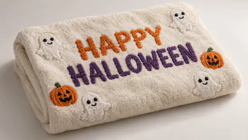 A folded cream plush fleece blanket on a pale seamless sweep with the words HAPPY in orange yarn above HALLOWEEN in purple yarn, four small stitched ghost faces with black button eyes and two stitched jack-o-lantern pumpkins around the lettering.