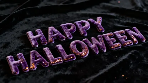 Close-up 16:9 render of extruded velvet letters reading "HAPPY HALLOWEEN" in deep violet pile, edges dusted with copper glitter and a black velvet backdrop for luxe tone-on-tone mood.
