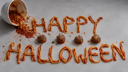 A pale grey studio table seen from above with the words HAPPY above HALLOWEEN written in cooked spaghetti and tomato sauce, four meatballs between the words and a tipped white bowl at the upper left with sauce spilling from it.