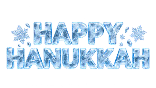 The words HAPPY above HANUKKAH in capital letters carved from clear blue-white ice with small ice crystals and snowflakes beside them, on a transparent background.