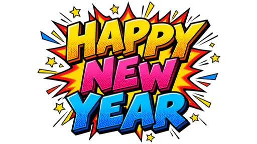 The words HAPPY above NEW above YEAR in bold comic-book capital letters in gold, hot pink and electric blue with thick black outlines and a jagged burst outline, on a transparent background.